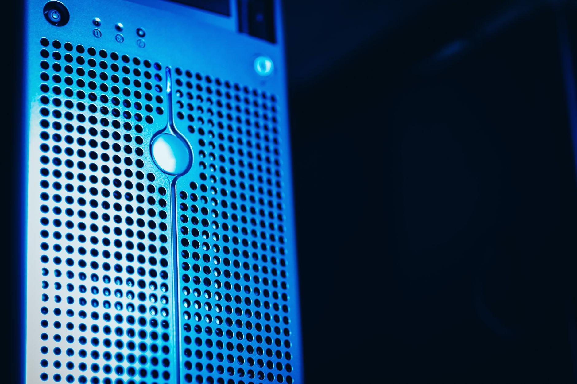 Modern blue-lit server rack inside a secure enterprise data center facility