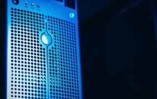 Modern server rack with blue lighting inside a secure data center facility